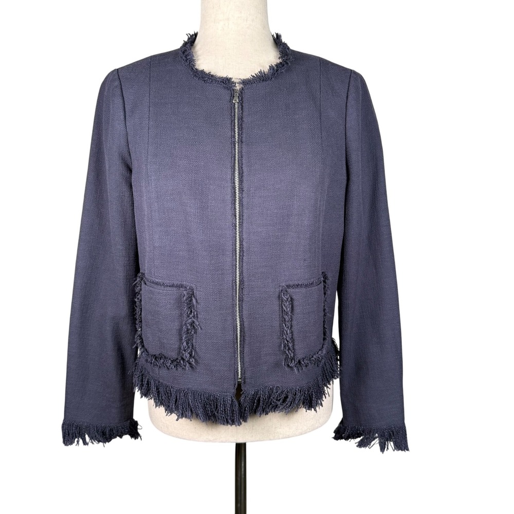 Rebecca Taylor Tweed Jacket Size 8 Fringe Trim Full Zip Blue Career Chic‎ Office